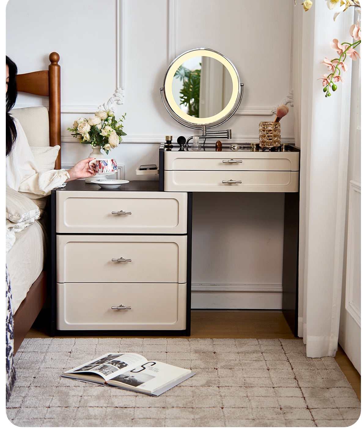 ✨💎Dressing table bedside table integrated small apartment retractable small dressing table storage cabinet
