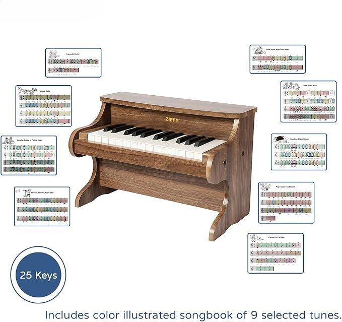 🎹Mini Music Instrument, 25 Keys Digital Piano 🎼Toy, Educational Kids Piano Keyboard, Wood (Walnut)