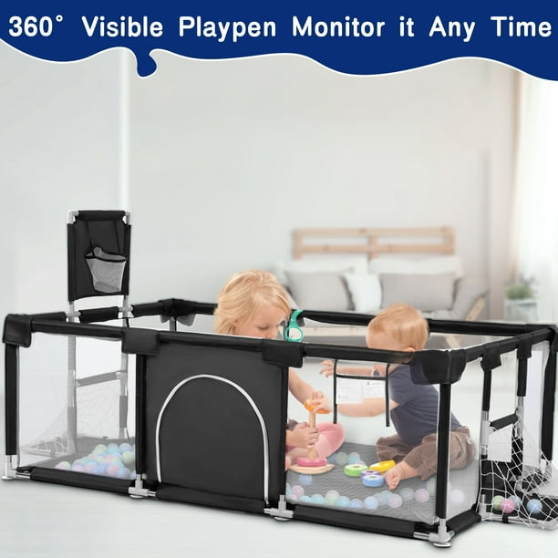 👶✨Playpen for Babies & Toddlers Portable Indoor/Outdoor Play Yard with Basketball Hoop 🏀& Football Toys, Safe Play Space for Crawling and Playtime⚽