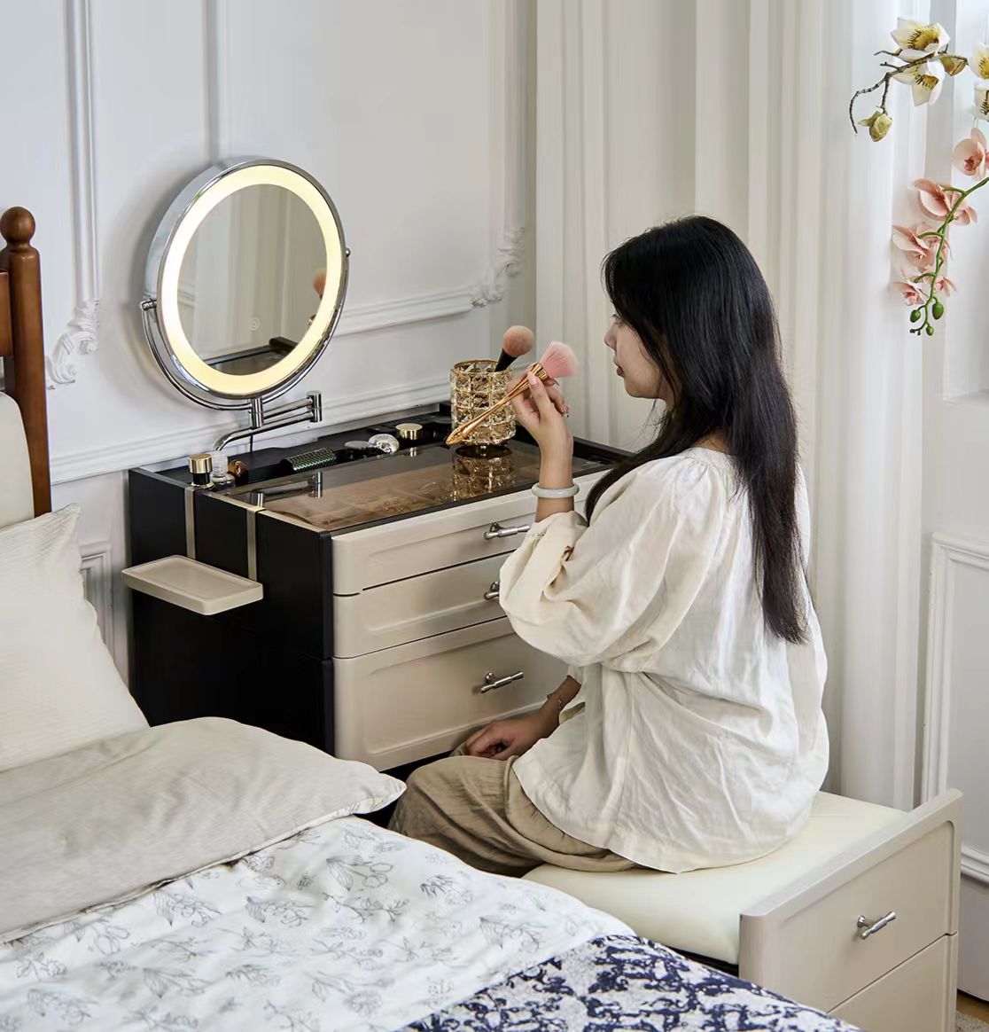 ✨💎Dressing table bedside table integrated small apartment retractable small dressing table storage cabinet