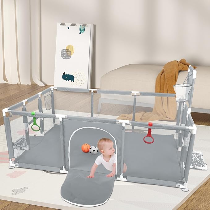 👶✨Playpen for Babies & Toddlers Portable Indoor/Outdoor Play Yard with Basketball Hoop 🏀& Football Toys, Safe Play Space for Crawling and Playtime⚽