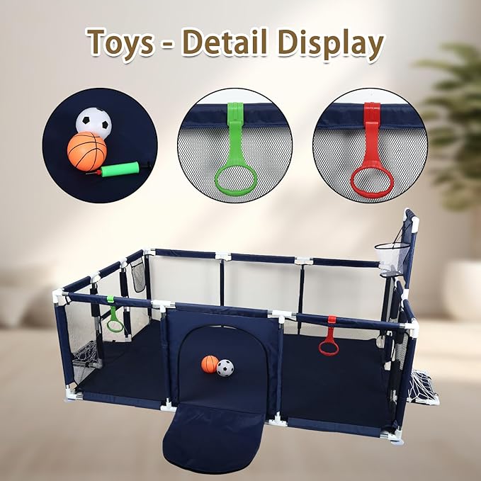👶✨Playpen for Babies & Toddlers Portable Indoor/Outdoor Play Yard with Basketball Hoop 🏀& Football Toys, Safe Play Space for Crawling and Playtime⚽