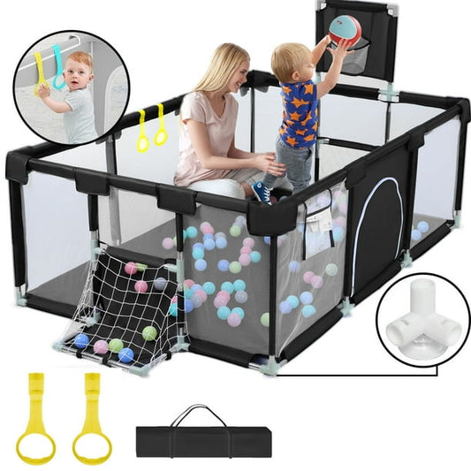 👶✨Playpen for Babies & Toddlers Portable Indoor/Outdoor Play Yard with Basketball Hoop 🏀& Football Toys, Safe Play Space for Crawling and Playtime⚽