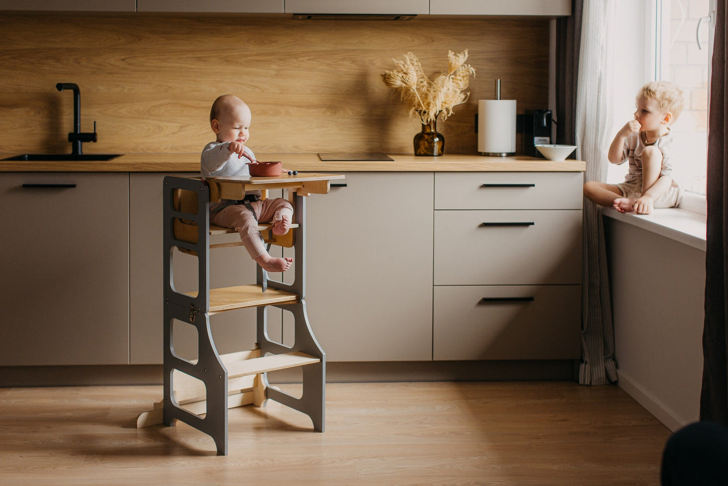 🏆4-in-1 foldable Montessori wooden high chair transformable toddler tower kid🎈