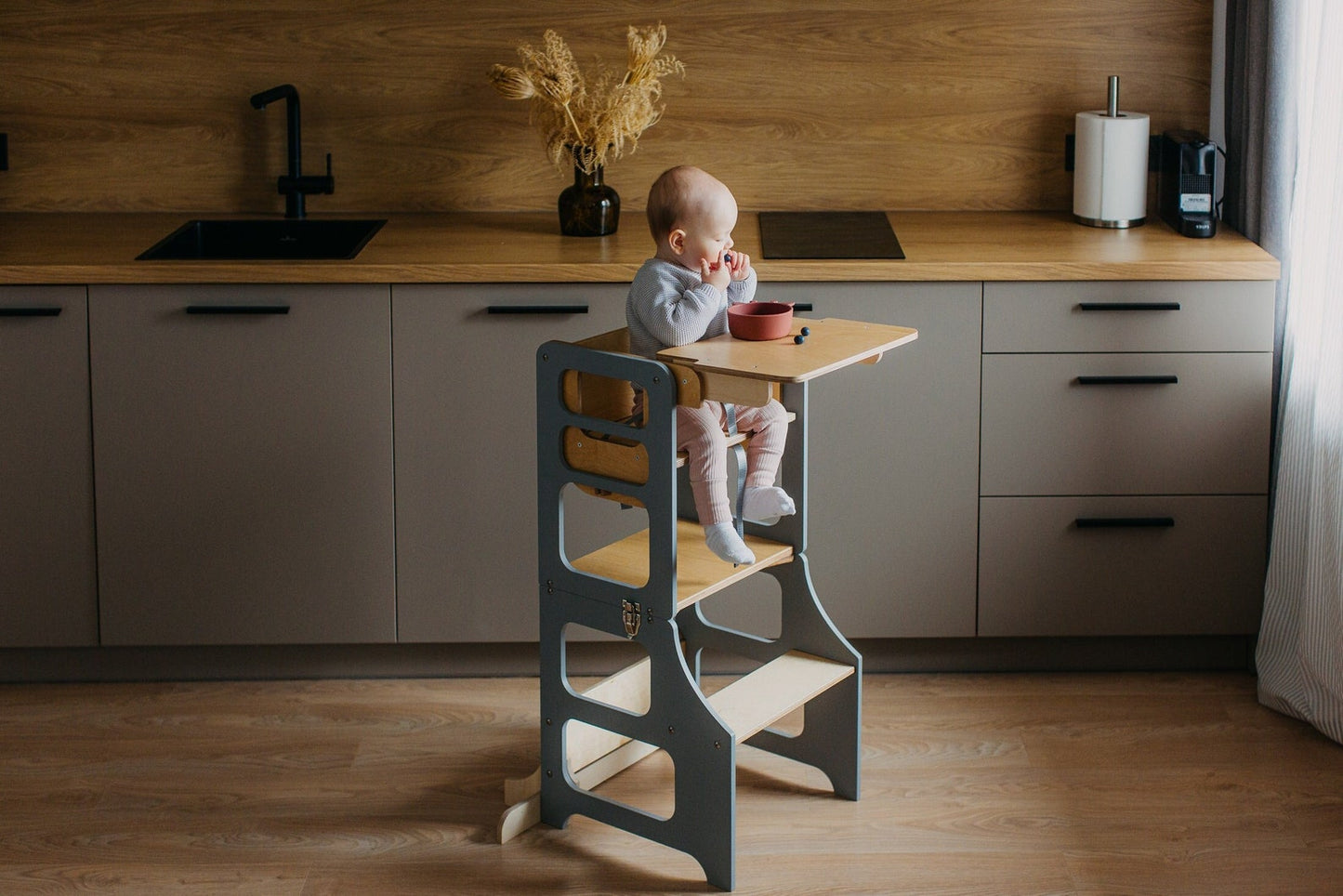 🏆4-in-1 foldable Montessori wooden high chair transformable toddler tower kid🎈