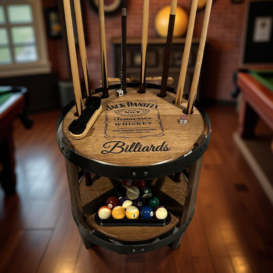 💥🎱Pool Cue Rack with Billiards Storage | Rustic Whiskey Barrel Man Cave Bar Decor for Pool Balls, Cues & Pool Table Accessories
